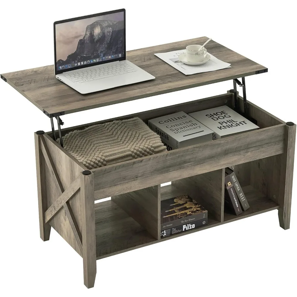 Farmhouse Lift Top Coffee Table, Rustic Grey Coffee Table with Lift Top, Lift Up Pop Up Coffee Table Shelf/Hidden Compartment