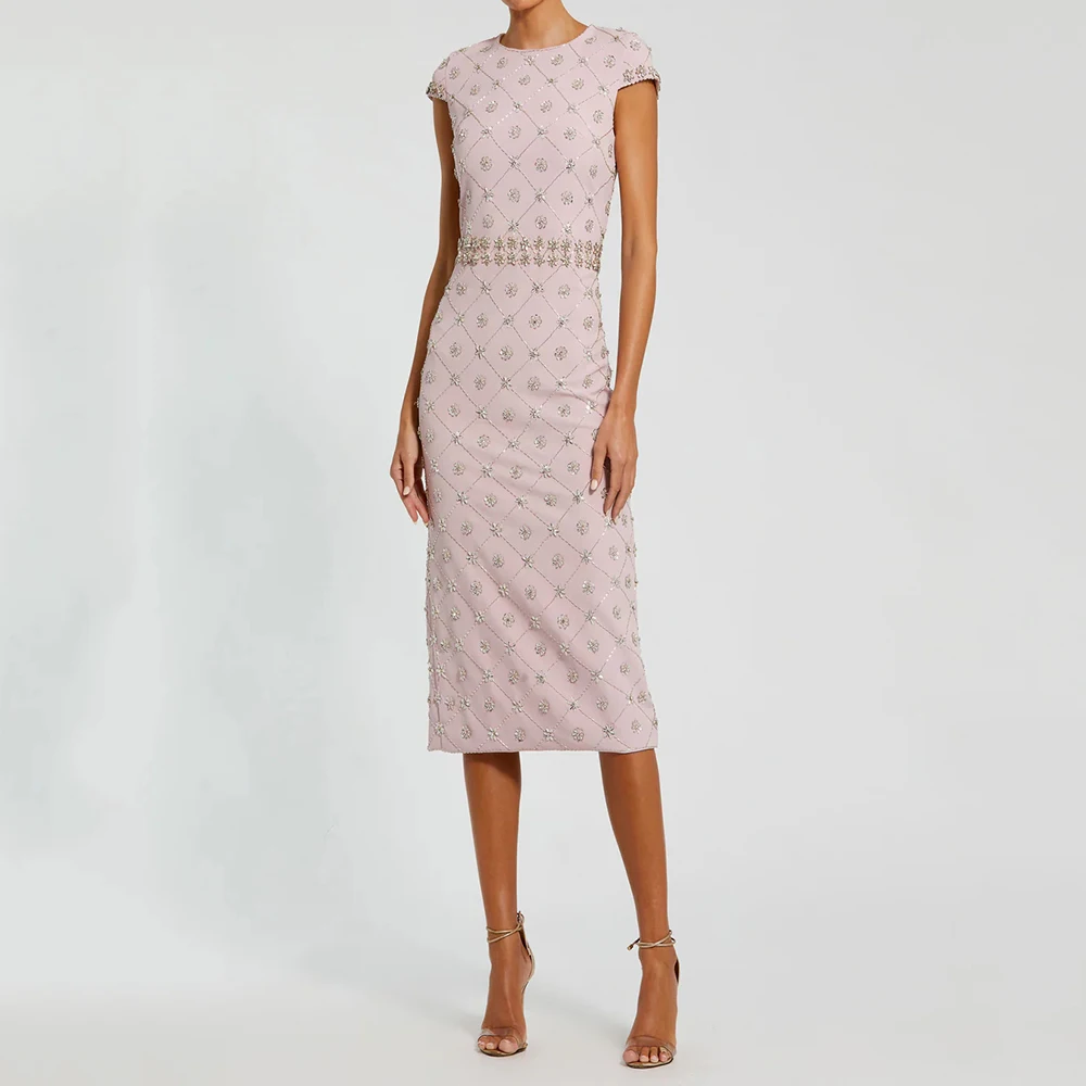 

Women's Straight Cocktail Dresses Tea-length O-neck Sleeveless Prom Gown Simple Fashion Crystal Sequined Customized Gowns