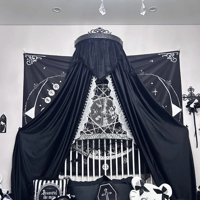 New Dark Gothic Black Velvet Bed Canopy Curtain, Medieval Style Lace Drape, Vintage European Retro Bedroom Wall Hanging Valance