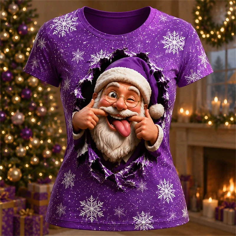 2026 New Women's Stylish Short-Sleeve Christmas T-Shirt Cute Funny Santa Print Casual Crew Neck Festive Party Street-Style Top