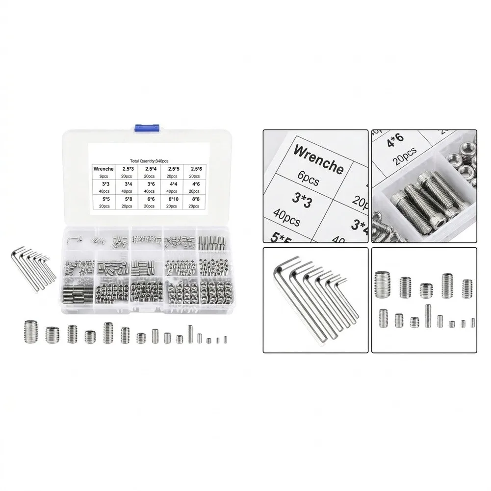 340Pcs Stainless Steel Headless Socket Fastener Assortment Kit Hex Fixing Screws With Storage Box For DIY Mechanical Hardware