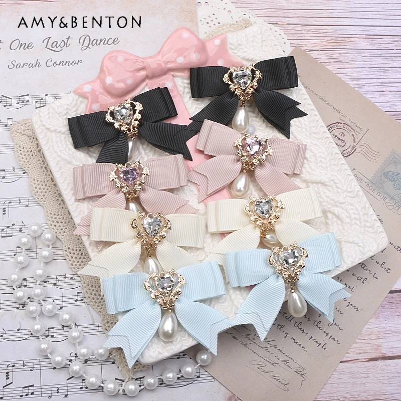 

Handmade Japanese Sweet Mine Lolita Hair Clips for Women Cute Rhinestone Love Pearl Pendant Hair Bows Kawaii Hair Accessoires