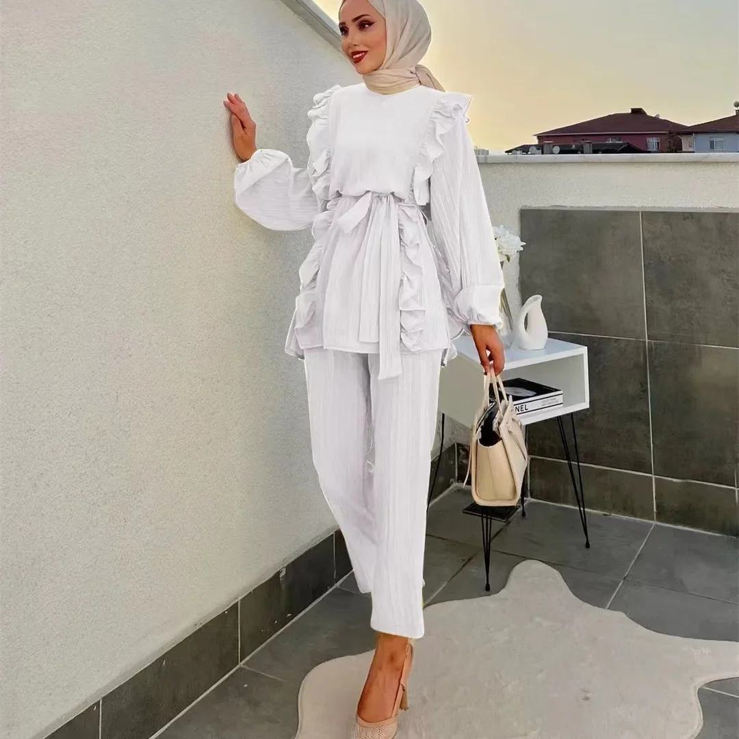 Women Eid Muslim Sets Two Pieces Kaftan Islam Ensemble Blouses Solid Ruffles Belt Wide Leg Pants Arab Casual Loose Pleated