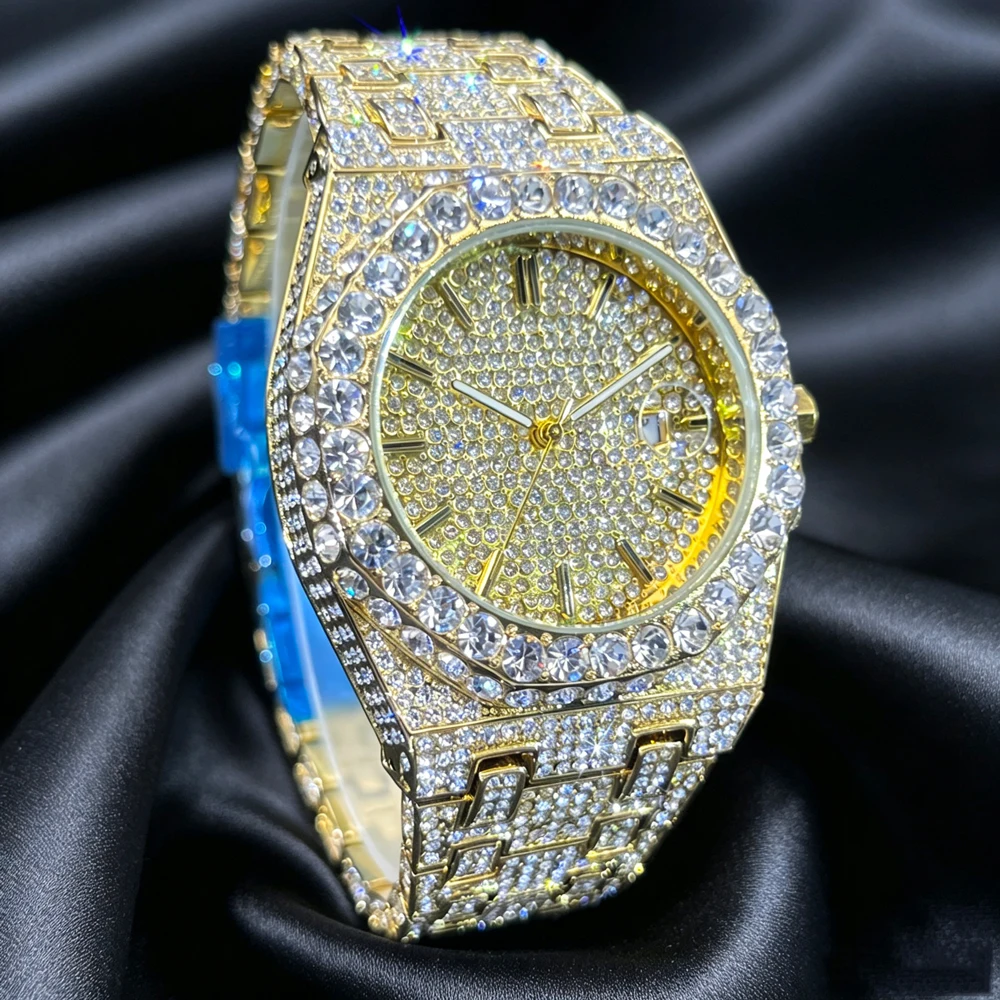 Iced Out Hip Hop Men Quartz Watch Gold Calendar Waterproof Bling Diamond Wrist Watch Luxury Male Party Gift Reloj Hombre MISSFOX