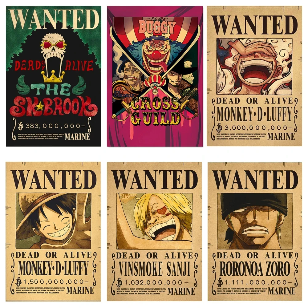 One Piece Luffy Gear 5 Nika Billion Bounty Wanted Posters Four Emperors Anime Action Figures Vintage Wall Decoration Poster Toys