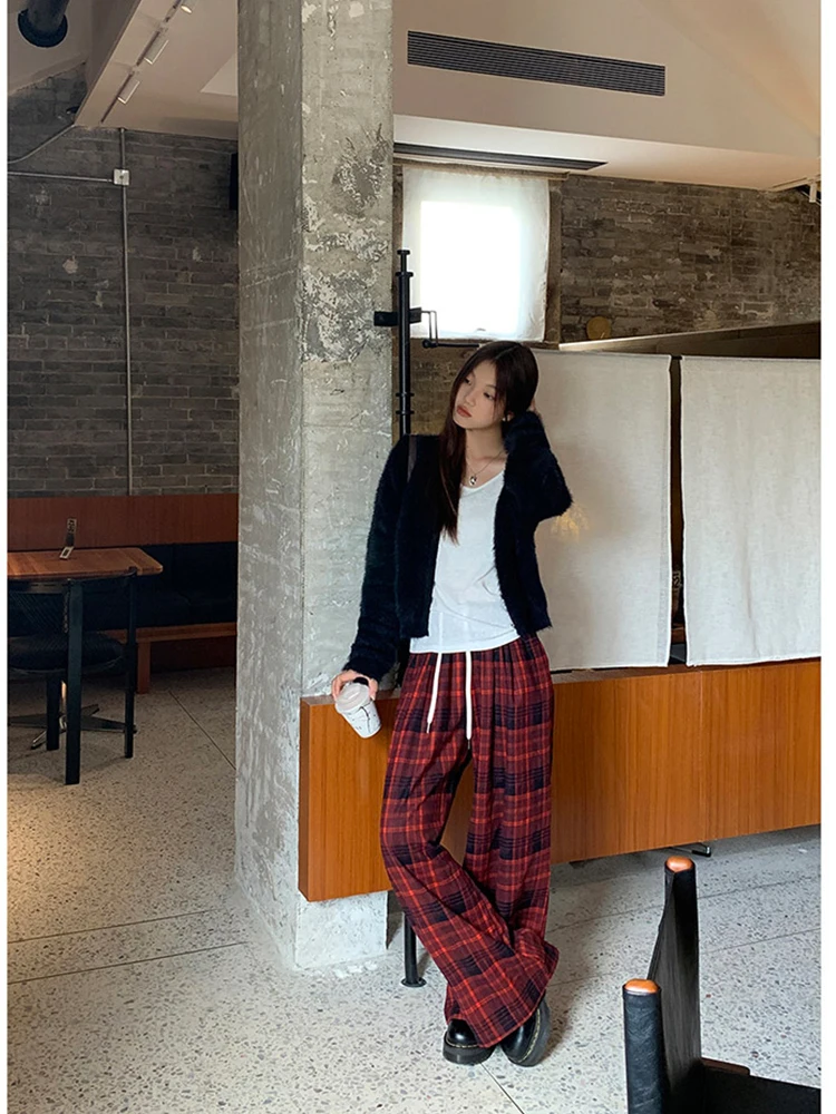 بنطلون نسائي واسع الساق بخصر مرتفع، موديل جديد للخريف والشتاء، فضفاض ومستقيم، بنطلون كاجوال مبطن بالصوف، بنطلون مربعات أحمر