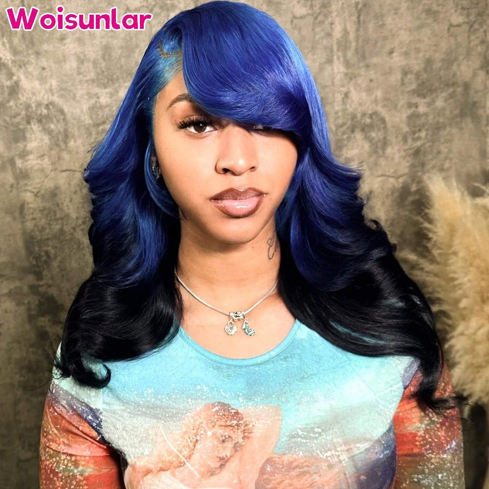 

36 дюймов Ombre Blue и Blck Lace Front Парики из натуральных волос Объемная волна 200% Черные женщины 13x4 Прозрачные кружева Бразильские человеческие волосы