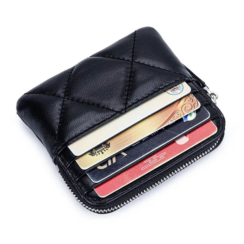 Luxury Embroidery Sheepskin Female Short Wallet Brand Check Thread Genuine Leather Mini Zipper Card Holder Coin Purse for Women