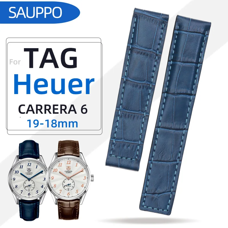 

Sauppo Suitable for Tag Heuer Carrecra 6 19mm Men Watch Band Top Layer Leather Belt Calf Skin Leather Watch Accessories with