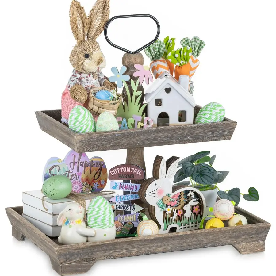 

Двухуровневый поднос для декора стола, 2-ярусная сервировочная подставка, декоративный поднос в стиле фермерского дома для кофейной зоны, прямоугольный деревянный поднос-витрина