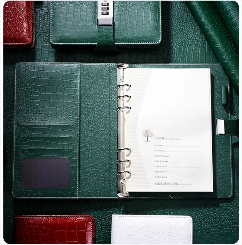 A6 A5 Binder Notebook Vintage Luxury Crocodile Textured Leather Diary Password Notes Book with Lock Office Agenda Man Gift