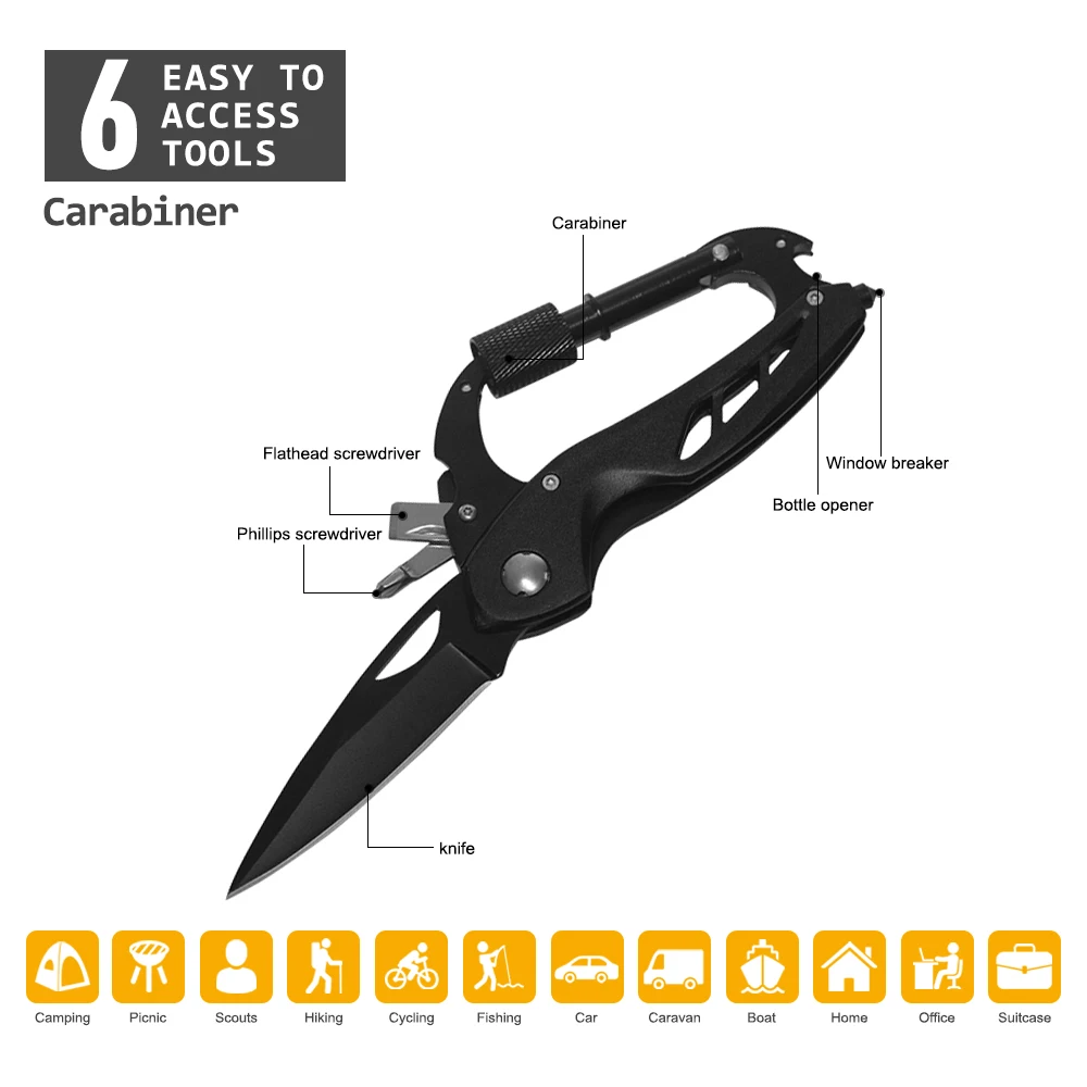 Multitool Carabiners , EDC with Pocket Knife , Bottle Opener, Window Breaker and Screwdriver, Survival Gear for Camping Hiking