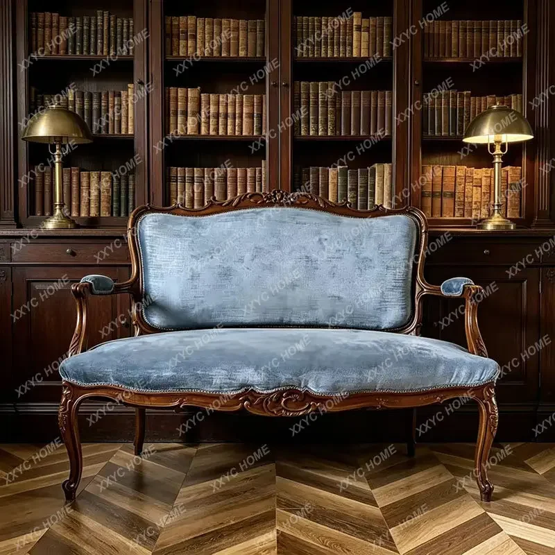 retro solid wood carving flower sofa chair living room balcony, fabric leisure
