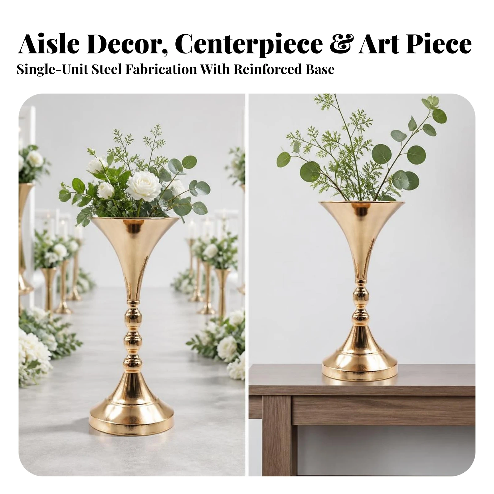 Iron Vase with Pedestal Base Gold-Finished Pedestal Vase Flower Holder Elegant Indoor for Wedding Planners, Weddings, Receptions