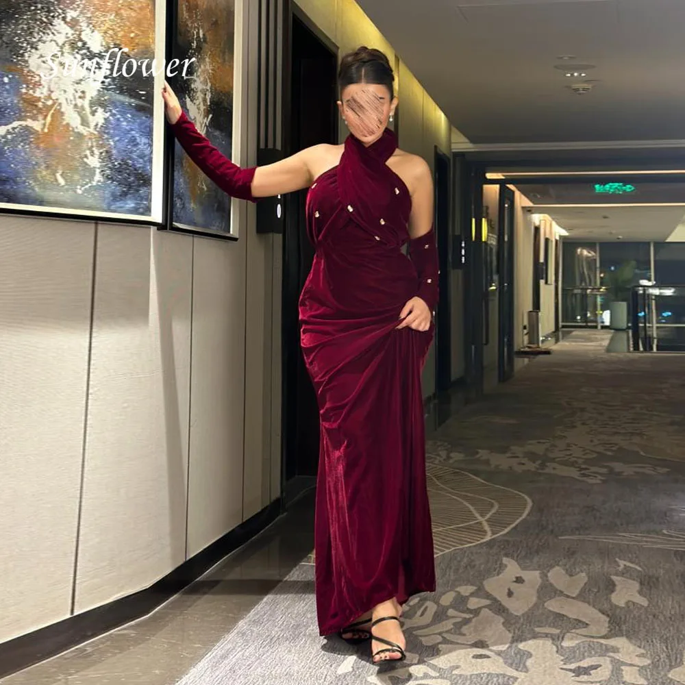 

Sunflower Customized Long Evening Dress فساتين السهرة Elegant Full Sleeve Crystal Mermaid Halter Velour Formal Party Gowns