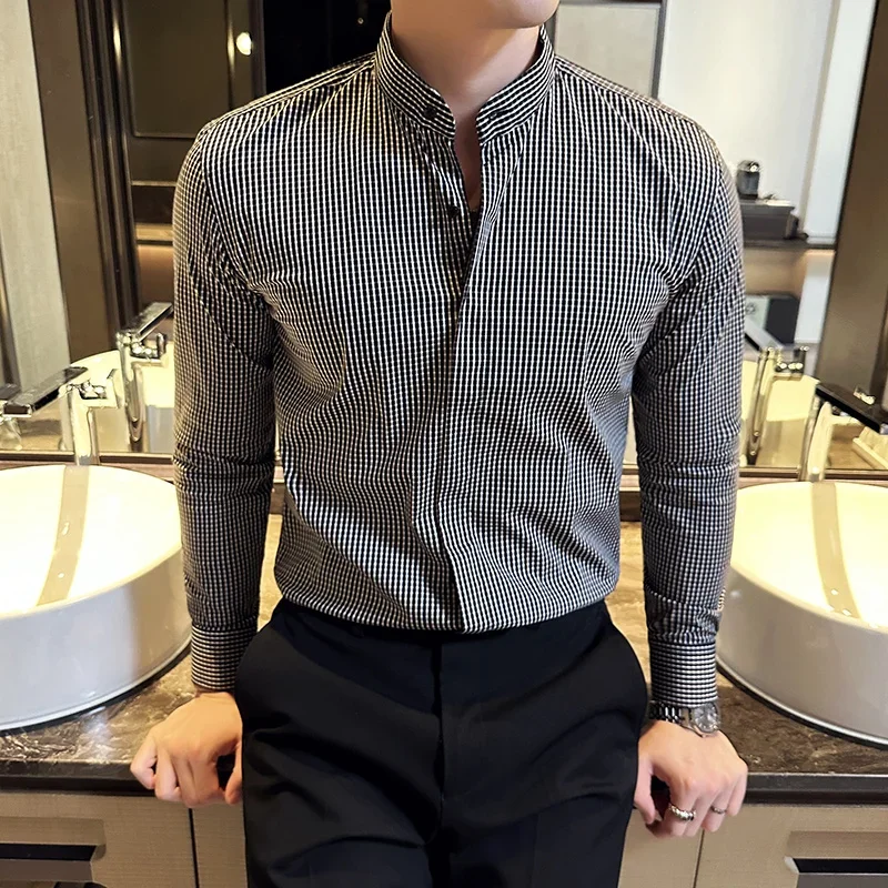 Brand Stand Collar Plaid Shirt for Men Long Sleeve Slim Fit Casual Shirts High Quality Business and Social Formal Shirt 2023