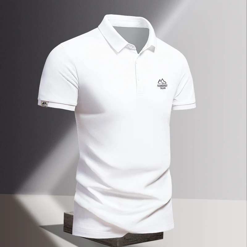 Turn-down Collar Summer Men's Pullover Business Solid Color Letter Printing Button Short Sleeve T-shirt Casual Formal Tops