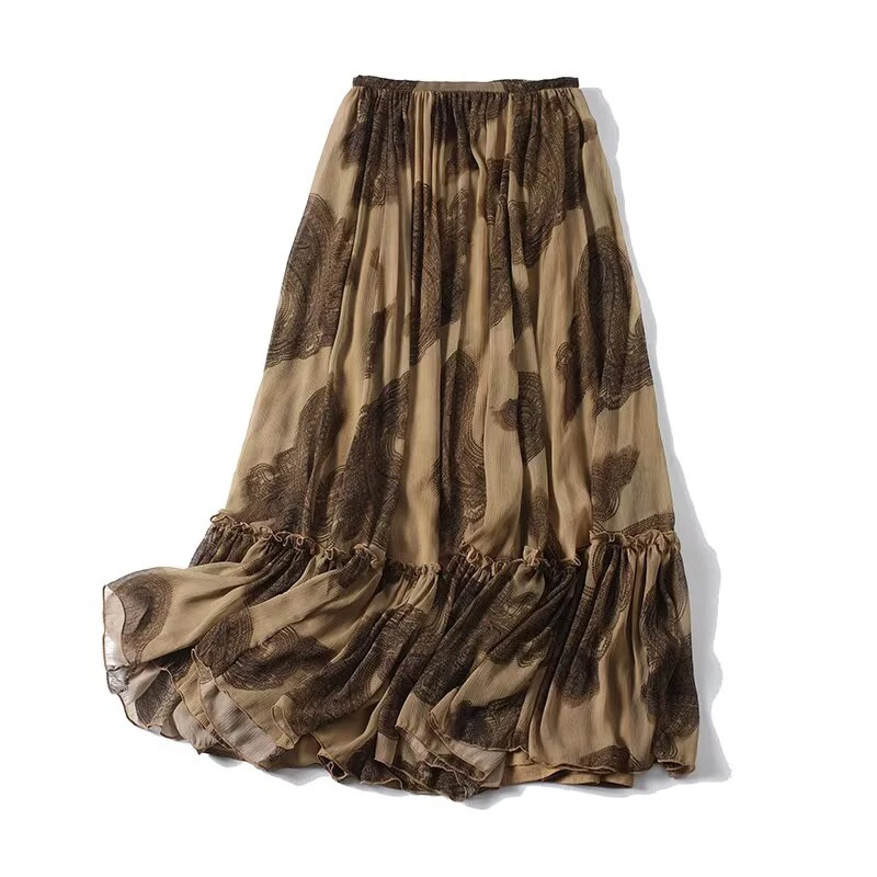 YENKYE New French Romantic Retro Printed Women Skirt Spring Summer 2026 High Waist A-line Midi Skirts
