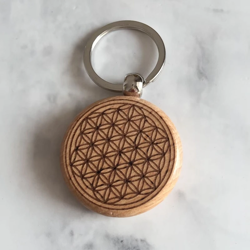 1pcs Laser Cut Wood Car Keychains Flower of life keyring keychain Yoga Car Charm