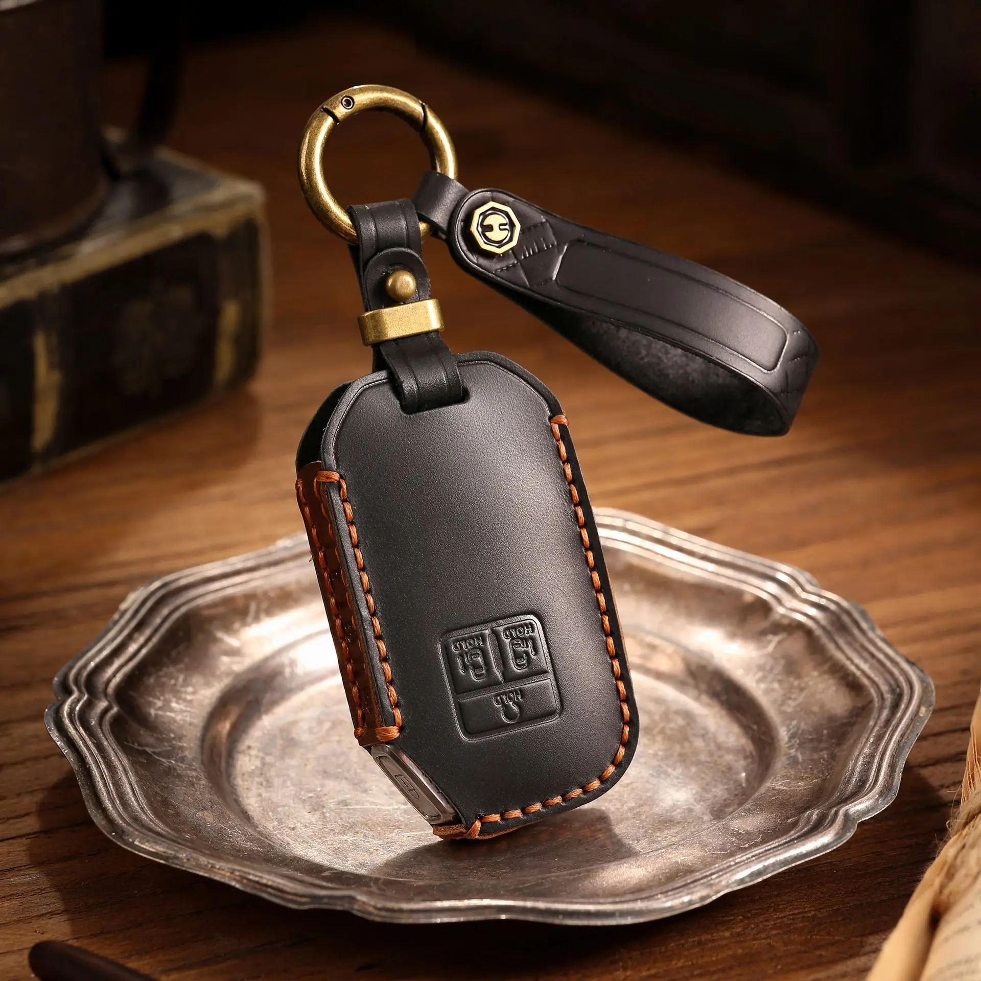 Executive Style Full Grain Leather Key Case for Kia Carnival 7-Button, Handmade Full Cover Fob Protector with Metal Key Ring