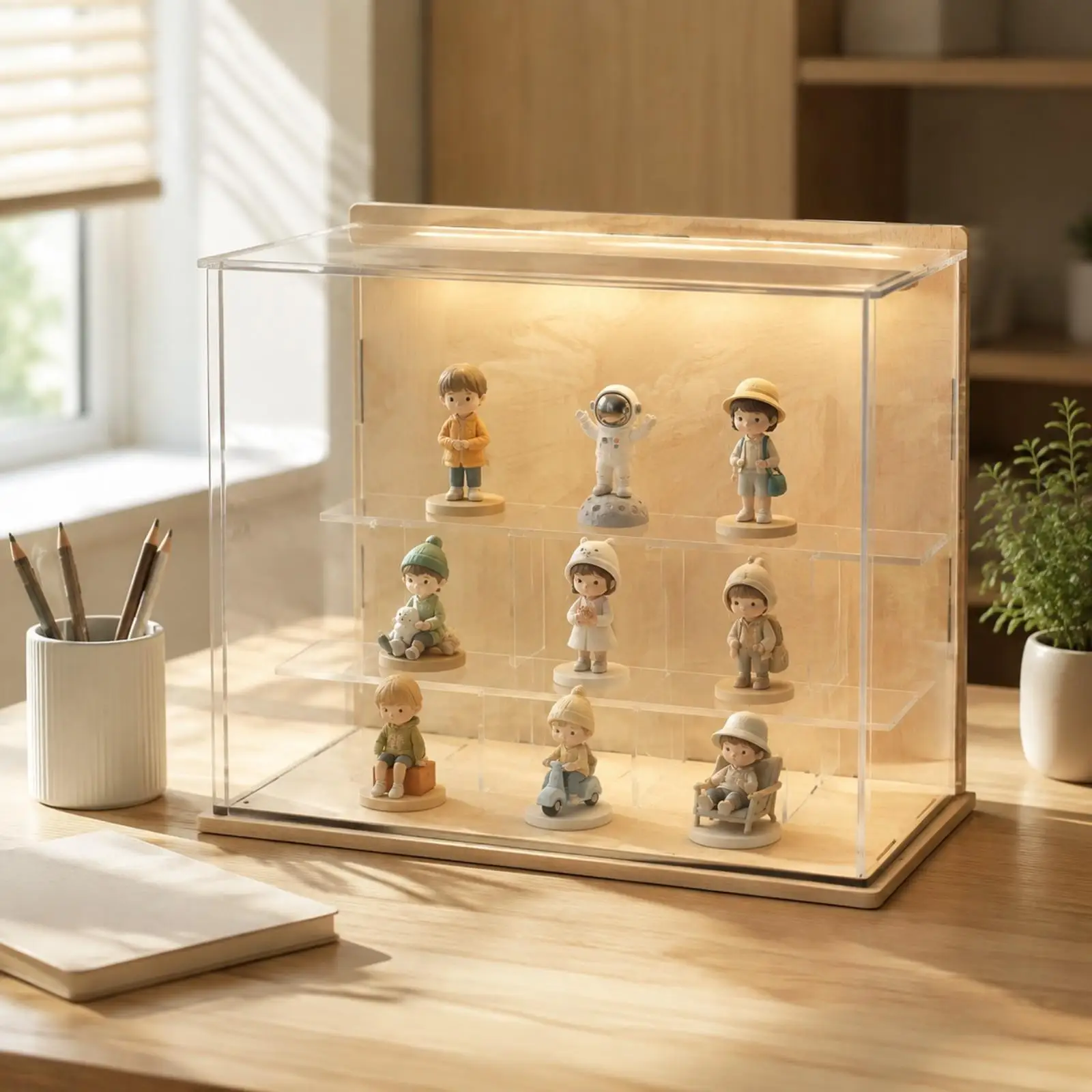 Acrylic Display Case for Action Figure Collection Wood Frame Dustproof Stackable Shelving Cabinet for Gundam Accessories