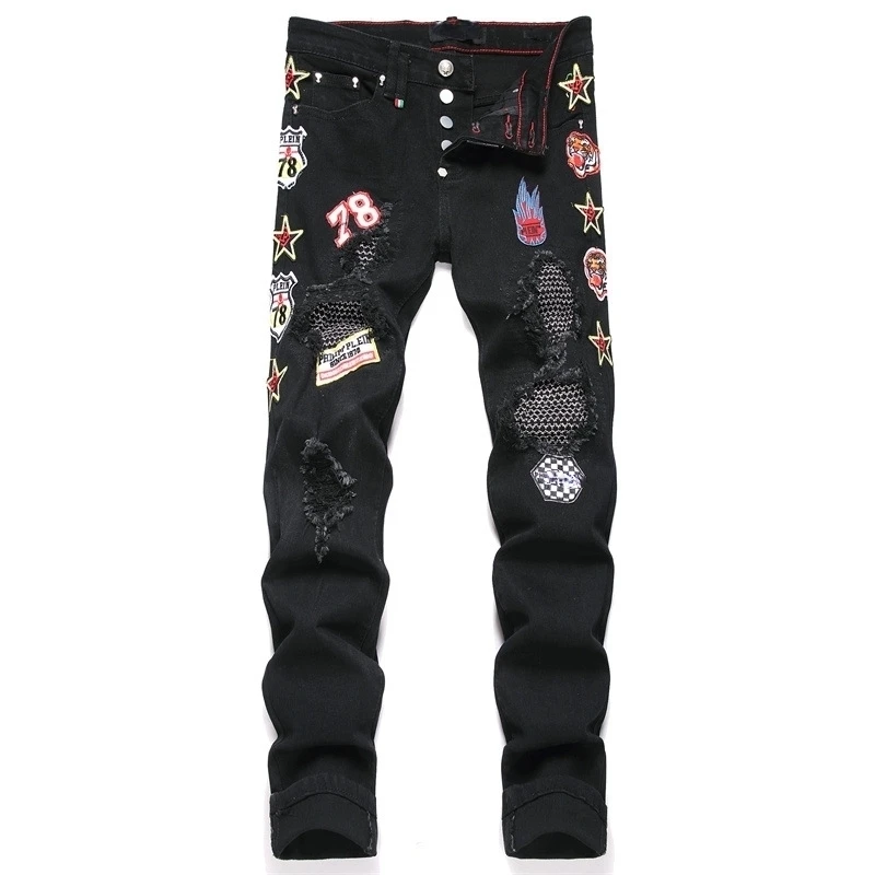 Herren High Street zerstört Jeans Hosen mit Patchwork Mode Streetwear Punk-Stil Jeans hose mit