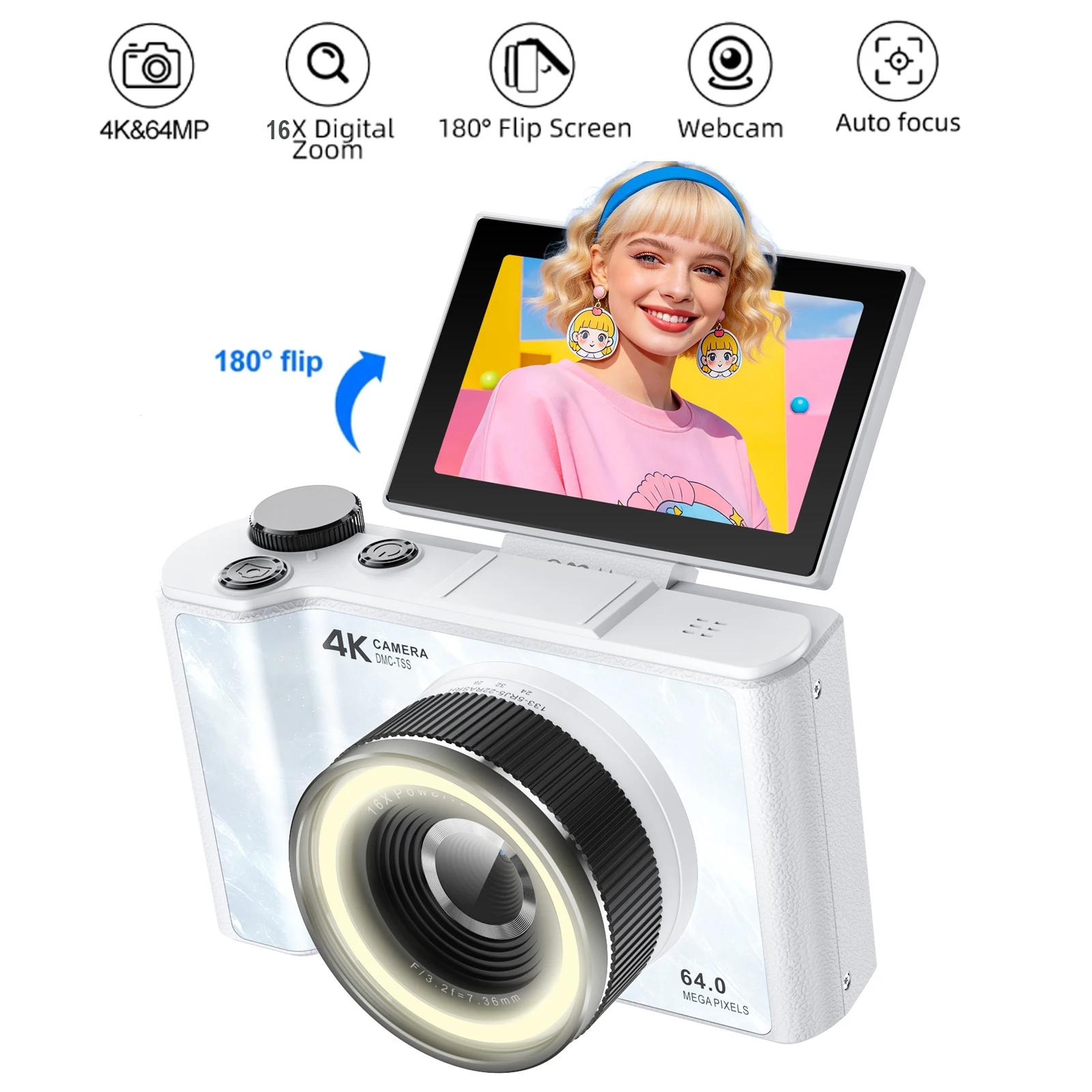 Kompakte Digitalkamera 4K 16X Digitalzoom Vintage Vlog-Kamera für YouTube mit 180° °   Flip-Screen-Selfie- und Webcam mit 32GB-Karte