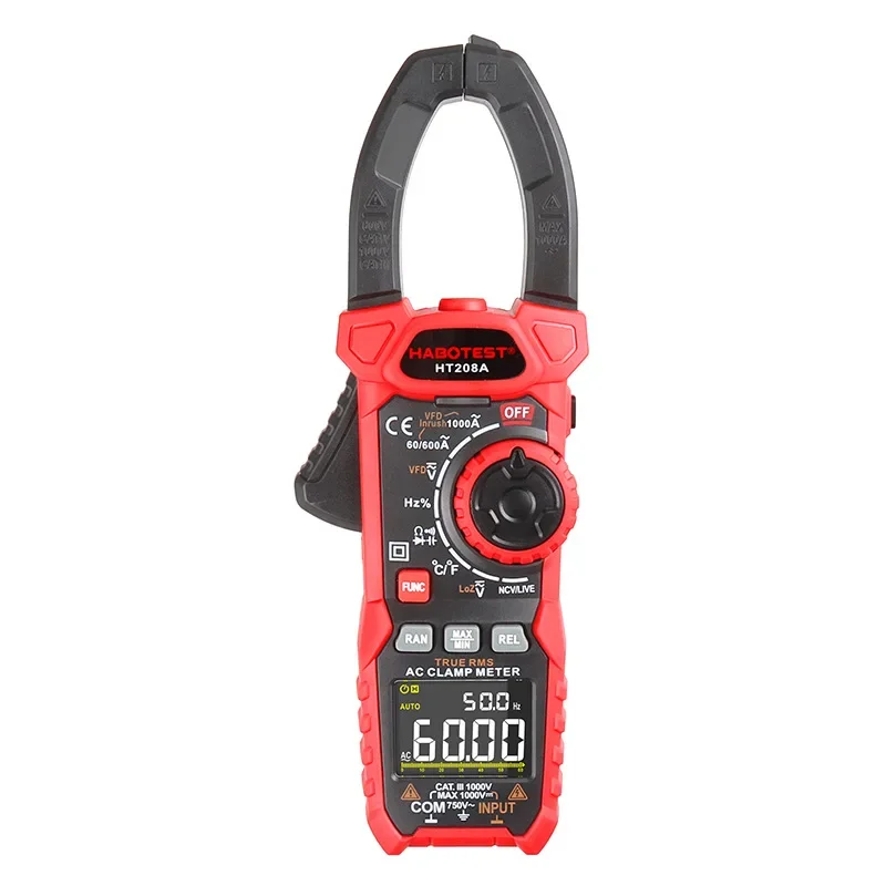 HABOTEST HT208 Digital Clamp Multimeter 1000A 1000V AC DC Voltage Inrush Current Pliers Voltmeter Ammeter VFD Low-Z Multitester