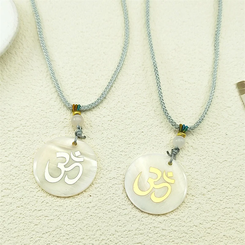 بوهيميا شل اليوغا Om أوم رمز قلادة قلادة للنساء الرجال القطن حبل سلسلة ميدالية مستديرة الدين البوذية تميمة مجوهرات