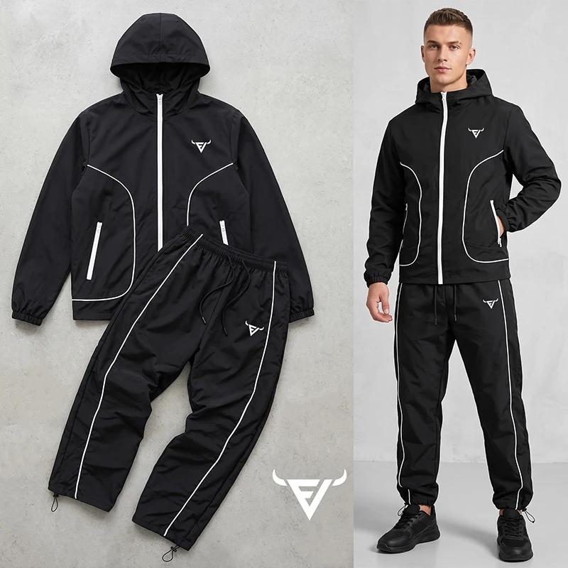 Men's Graphic Print Trendy Tracksuit 2-Piece Set Hooded Zip Up Windbreaker Jacket Coat Tops Athletic Jogger Pants Trousers