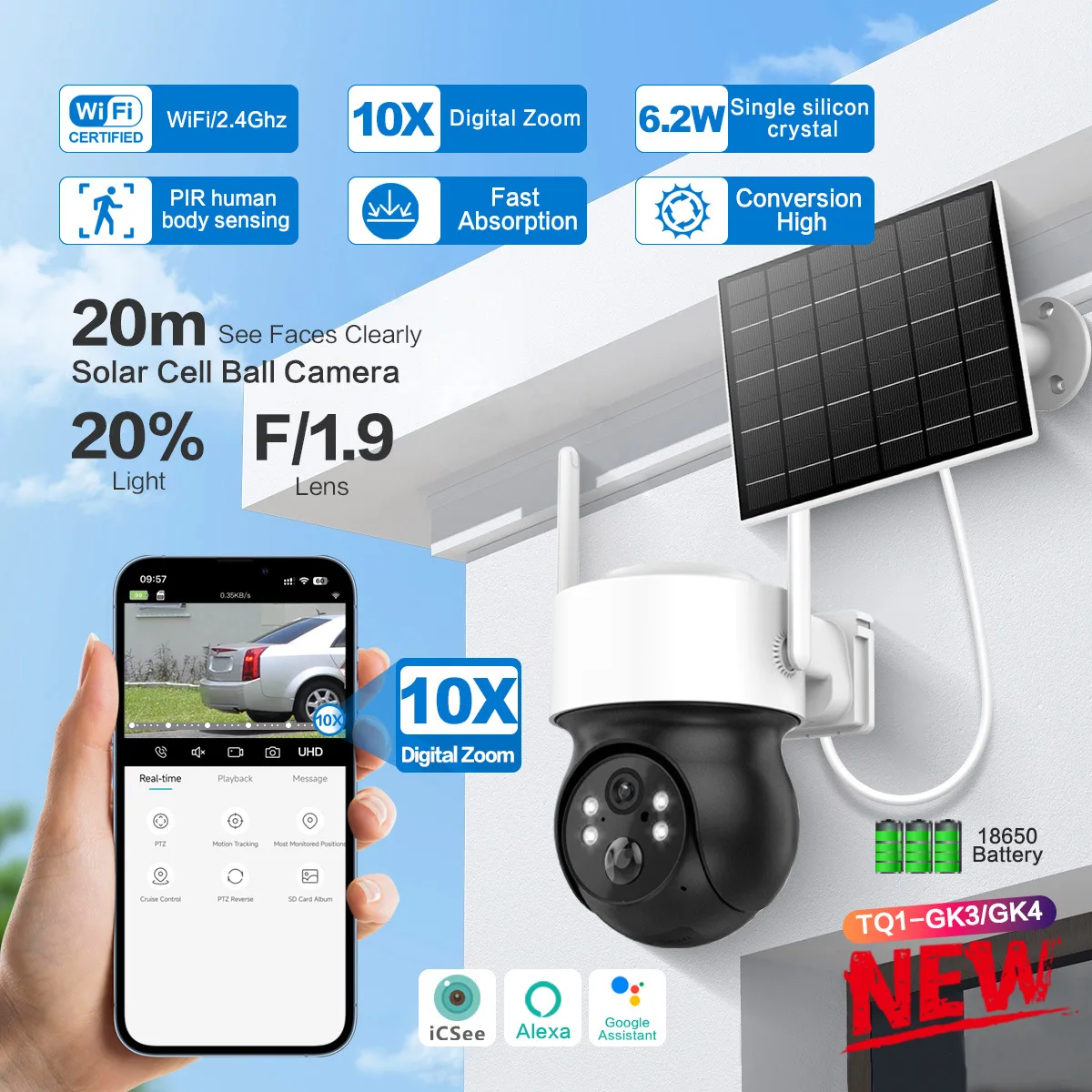 4MP 1440p iCsee APP  10X Solar Power Wireless PTZ IP Dome Camera Full Color AI Humanoid Detection CCTV Baby Monitor