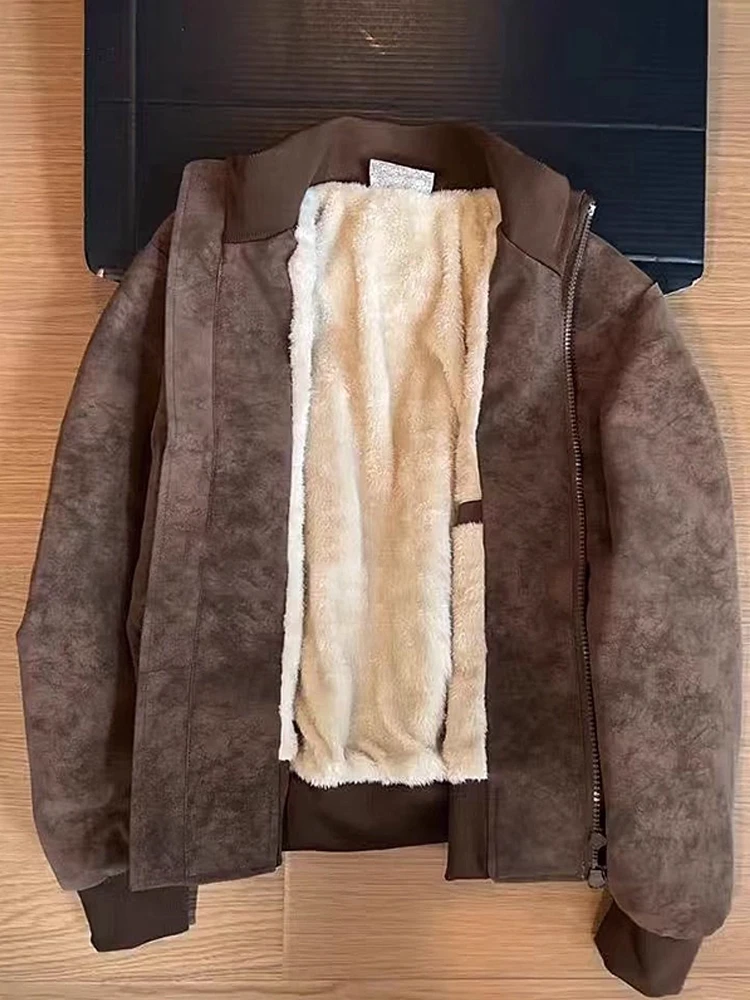 

Thiened Fce Lined Motorcycle Jaet Men's Winter Coat Stand Fit Long Sve Zipper Closure Casual Outerwear