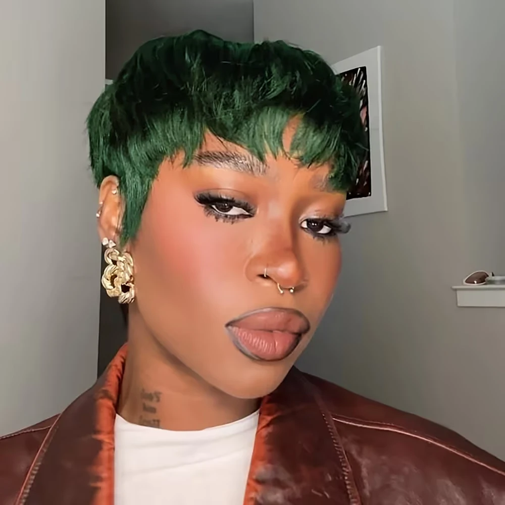 Зеленый цвет, 180% плотность, многослойный короткий парик с стрижкой пикси, прямой парик из человеческих волос с челкой, машинное производство, предварительно выщипанное для чернокожих женщин