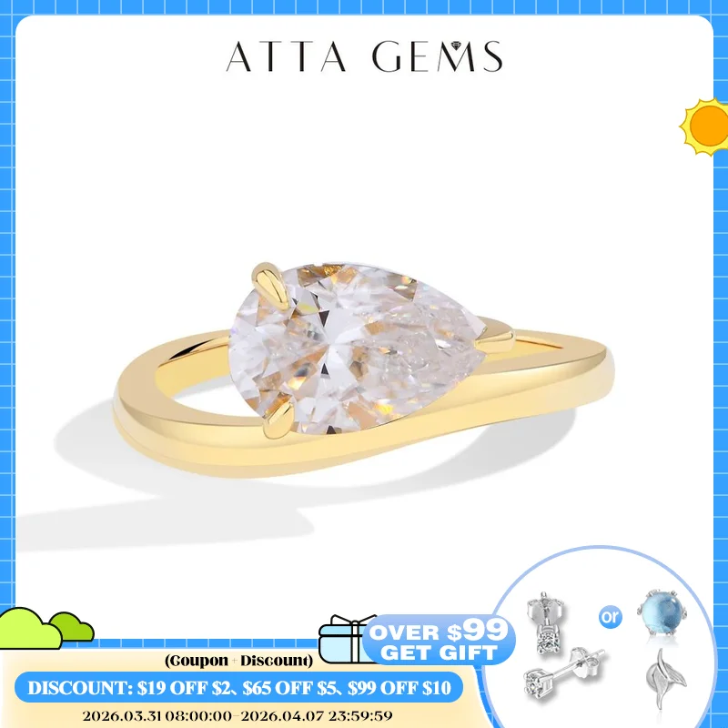 

ATTAGEMS Sparkling 3CT Pear Cut Moissanite Ring for Women VVS1 Lab Diamond Wavy Band S925 Sterling Silver Solitaire Wedding Gift