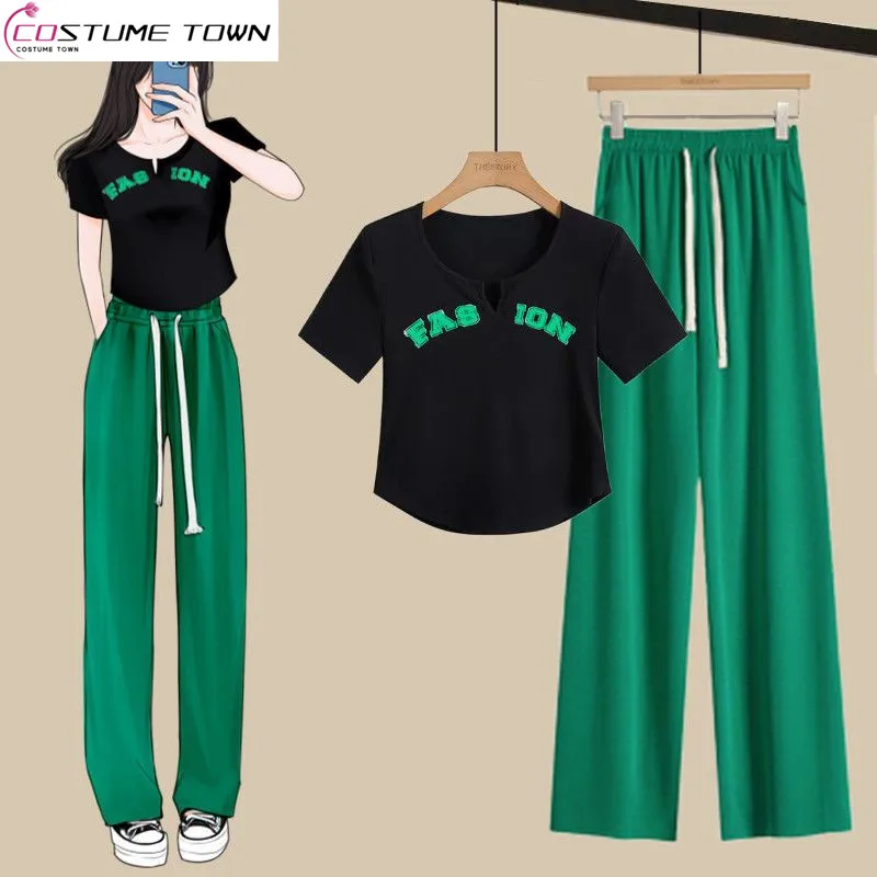 

2023 Single/summer New Fashion Suit Women's Design Sense Short Top Short Sleeve T-shirt+ice Silk Wide Leg Pants Two-piece Set