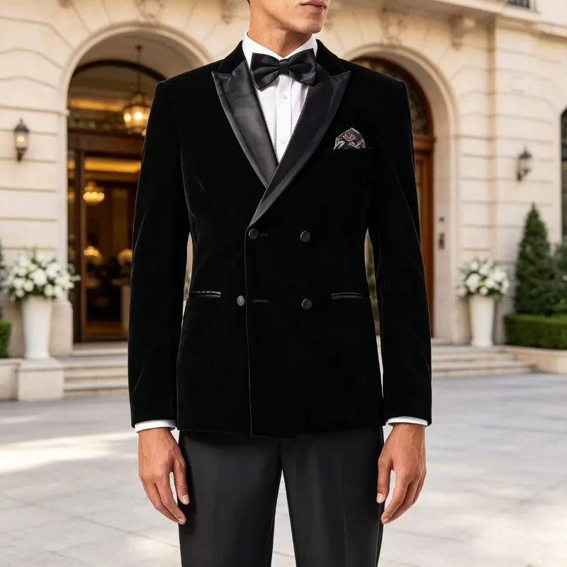 Peak Lapel Velvet Groom Tuxedo Double Breasted Custom Slim Fit Men Suits for Wedding Party 2 Pcs Separates Formal Jacket Pants