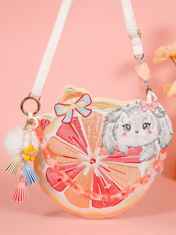 Literary Grapefruit Bag Dog Alarm Clock Bag Crossbody Phone Bag Cute Cartoon Hand-held Embroidery Bag