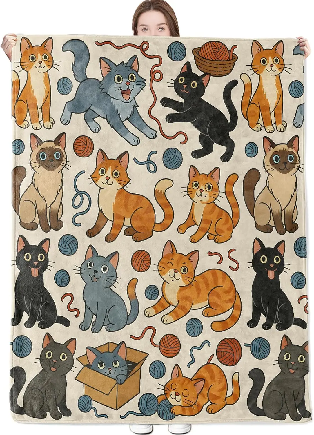 

Одеяло с игривым котом, милый мультяшный котенок, пряжа, шарик и коробка на кремовом фоне, пледы, легкие фланелевые пледы для