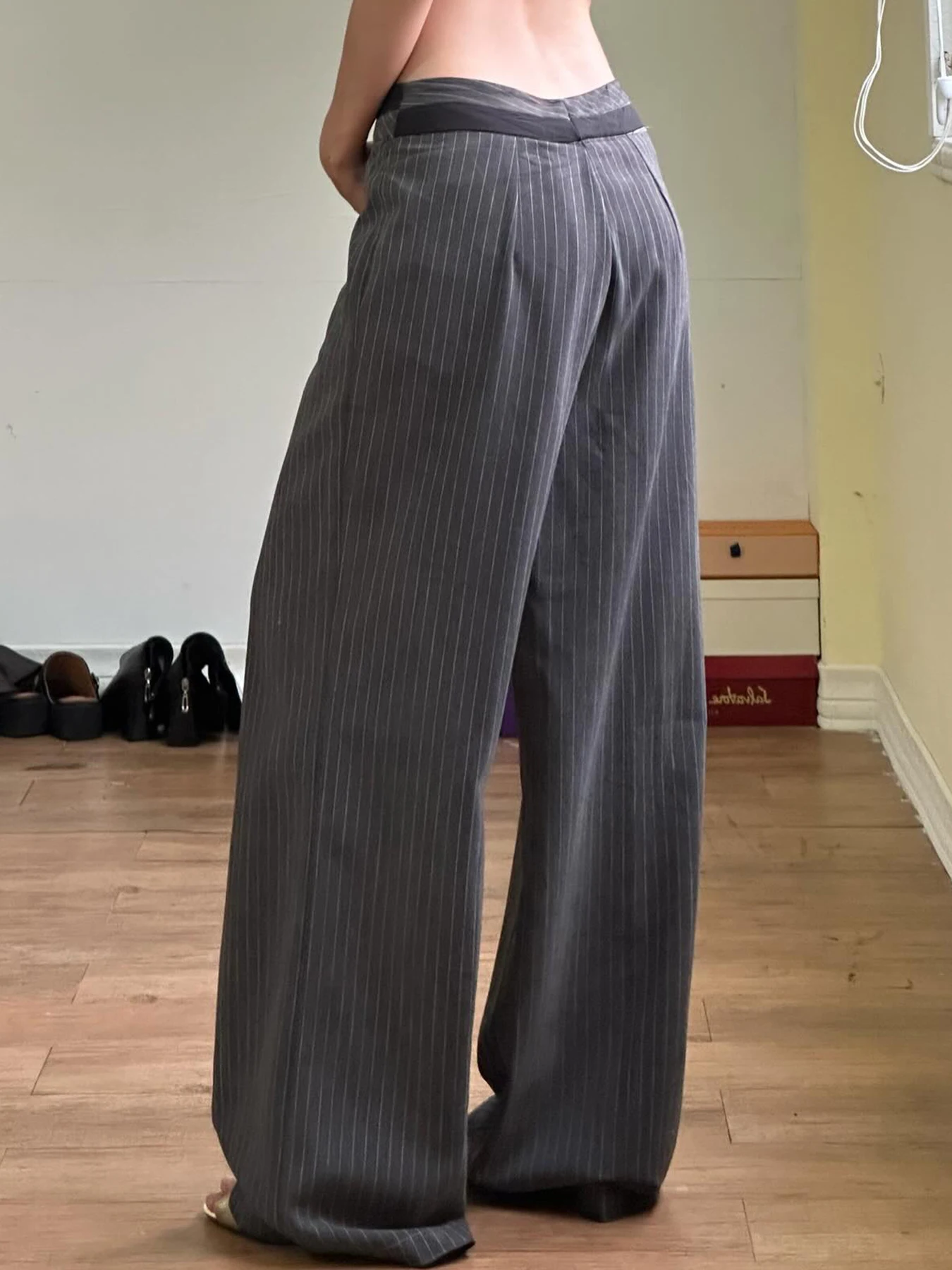 Rockmore Casual Patchwork Slimming Woven Pants Elegant Striped Pants Low Waist Wide Leg Suit Pants Korean Fashion Baggy Trousers