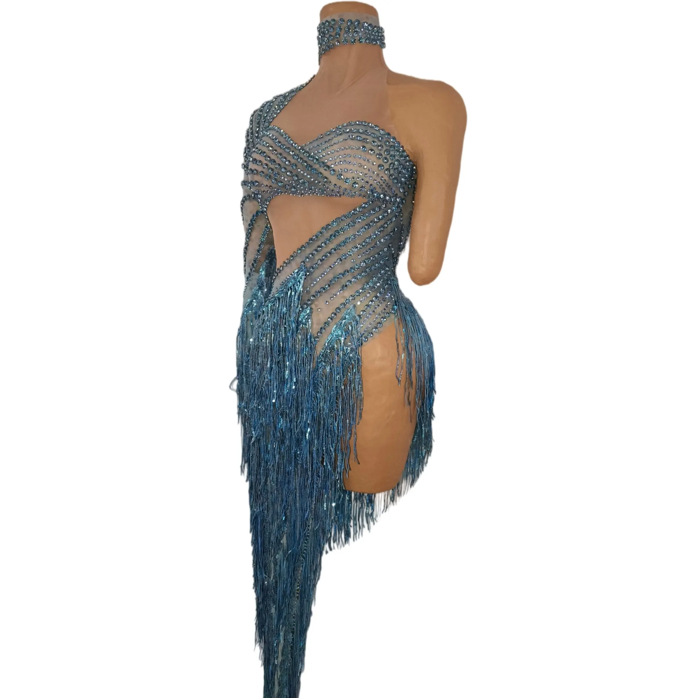 Asymmetrical Single Shoulder Blue Rhinestone Mesh Bodysuit Tassel Fringe Stage Dance Costume Drag Queen Performer Wear Qingche