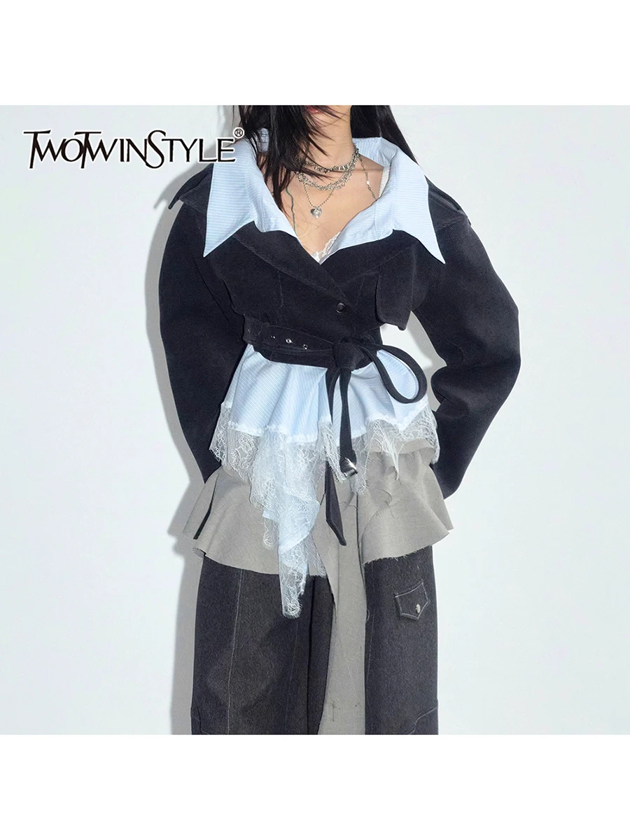 

TWOTWINSTYLE Hit Color Slimming Spliced Lace Irregular Jackets for Women Lapel Long Sleeves Tunic Patchwork Belt Jacket Female