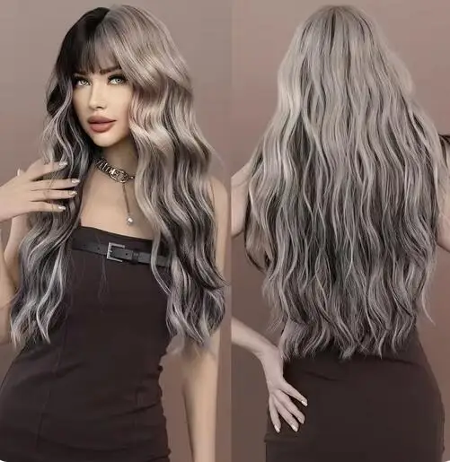 

Long Body Wavy Silver Ash Hair Wig with Bangs for Women Daily Party High Density Hair Ombre Wigs Heat Resistant Fiber