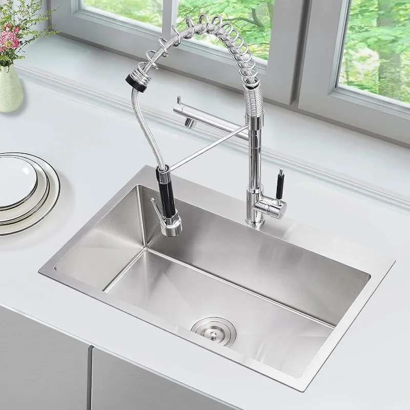 28-inch Drop in Kitchen Sink, SUS304 Stainless Steel Single Faucet Hole Single Bowl Topmount Kitchen Sinks, D28