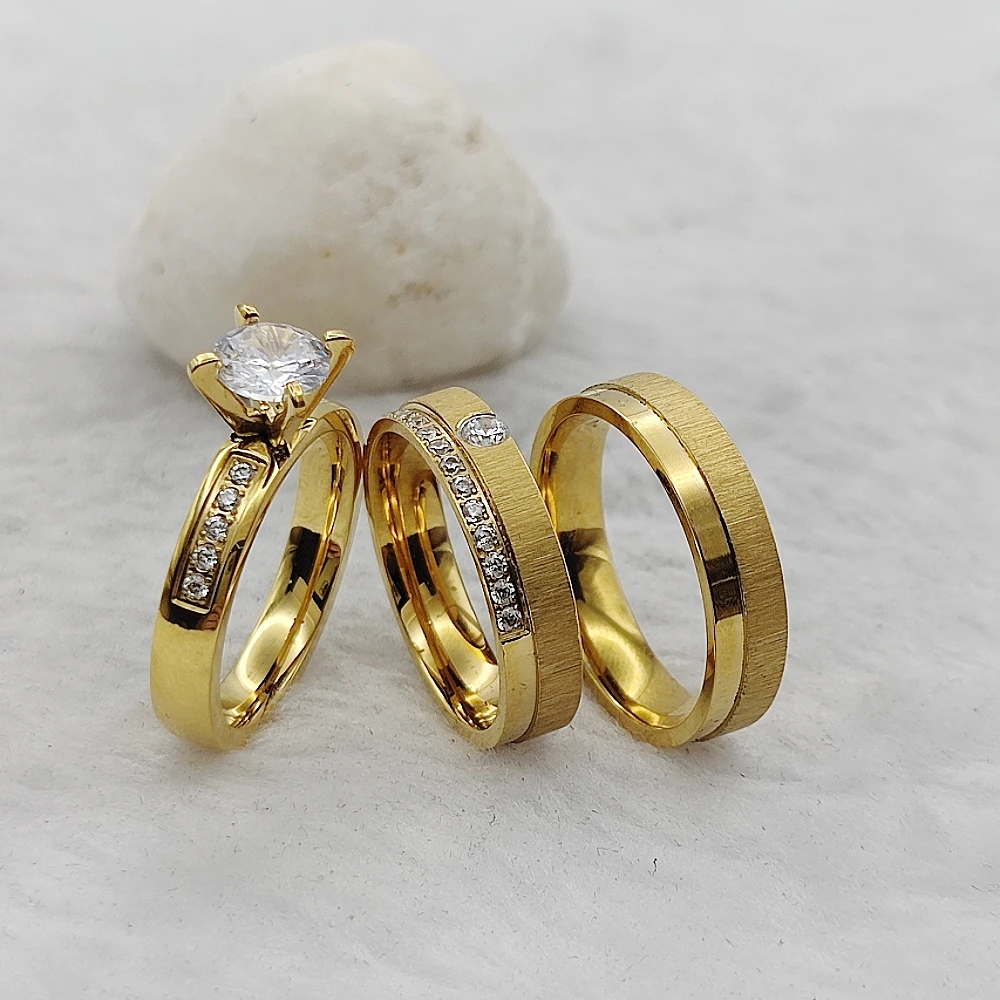 Anillo de boda chapado en oro de 24K para parejas nupciales, anillos de diamantes de circonia cúbica de alta calidad, diseños de alianza de fotos reales de joyería