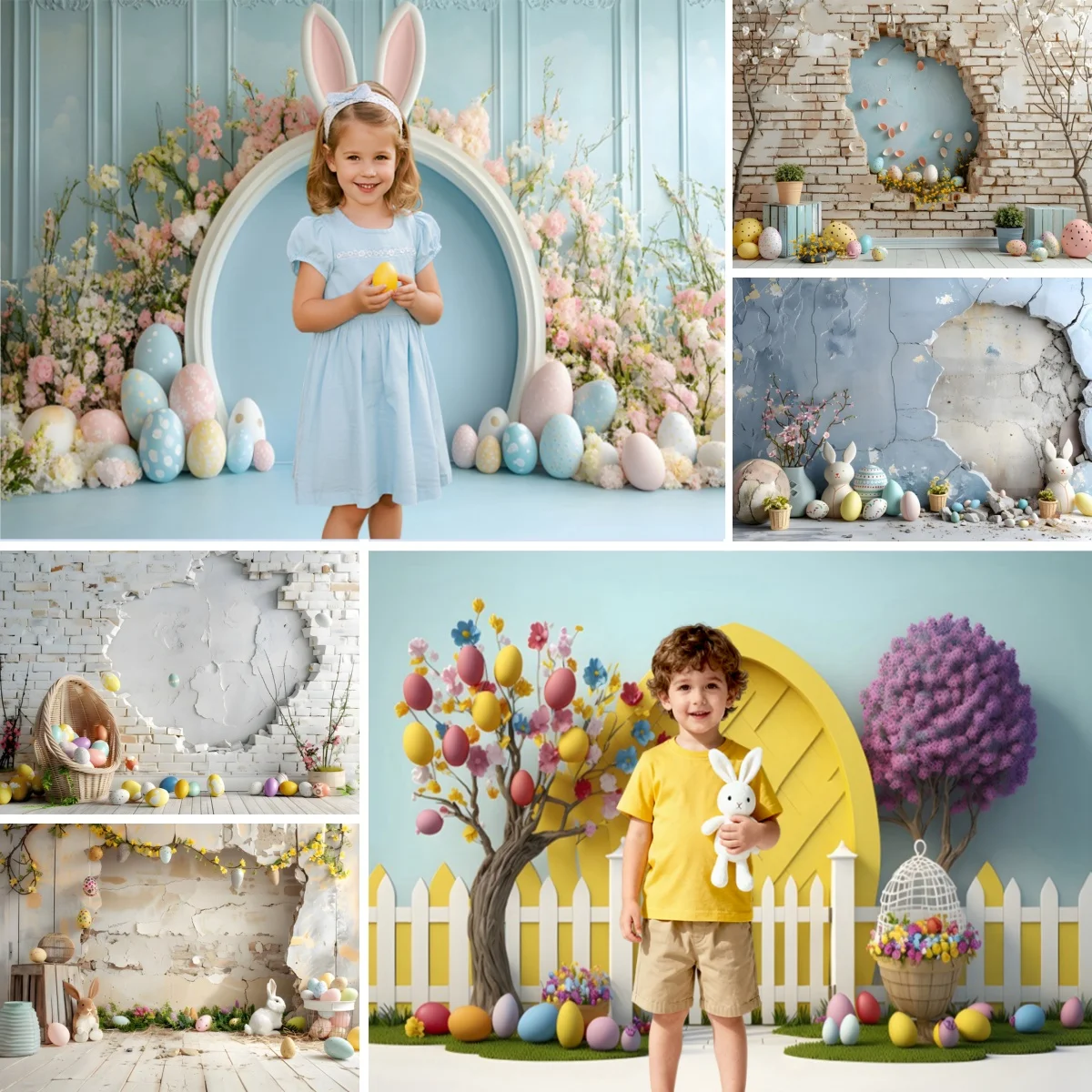 Happy Easter Photography Backdrop Spring Vintage Broken Brick Wall Rabbit Bunny Eggs Kids Easter Party Decor Photo Background ﻿