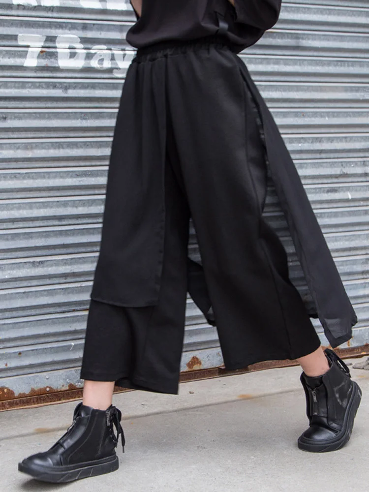 [EAM] High Elastic Waist Black Chiffon Asymmetric Pants New Loose Fit Trousers Women Fashion Tide Spring Autumn 2025 1DF4656