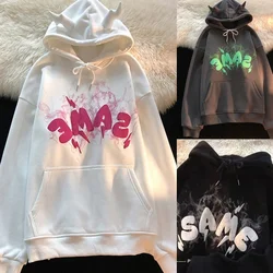 Women's Graffiti Bubble Print Sweatshirt Funny Horns Pullover Tops Hip Hop Long Sleeves Hoodie Loose Sweatshirt Tops