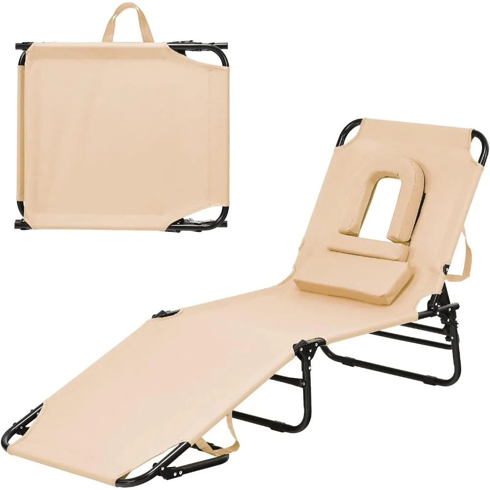 

Folding Beach Lounge Chair w/ 5 Adjutable Backrest & Padded Pillow, Sunbathing Lounger Chair, Sun Tanning Lay Flat Chair for Sea