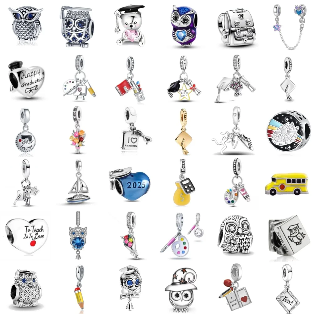 Fine Sparkling Owl Graduation season graduation cap Dangle Charm Beads Fit Original Bracelet Pendant DIY Jewelry 925 Silver Gift