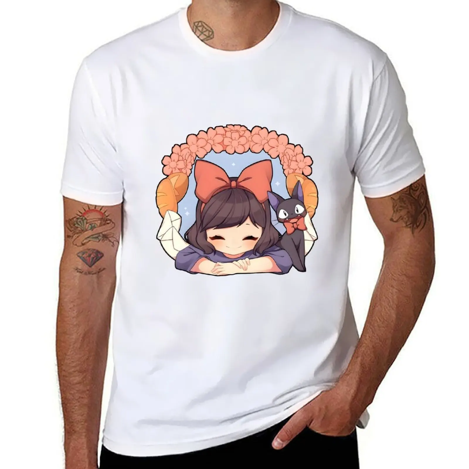 

kawaii & Cute art girl and cat -%[ghiblis]%- flying away anime film T-Shirt man t shirt cotton high quality T-Shirt